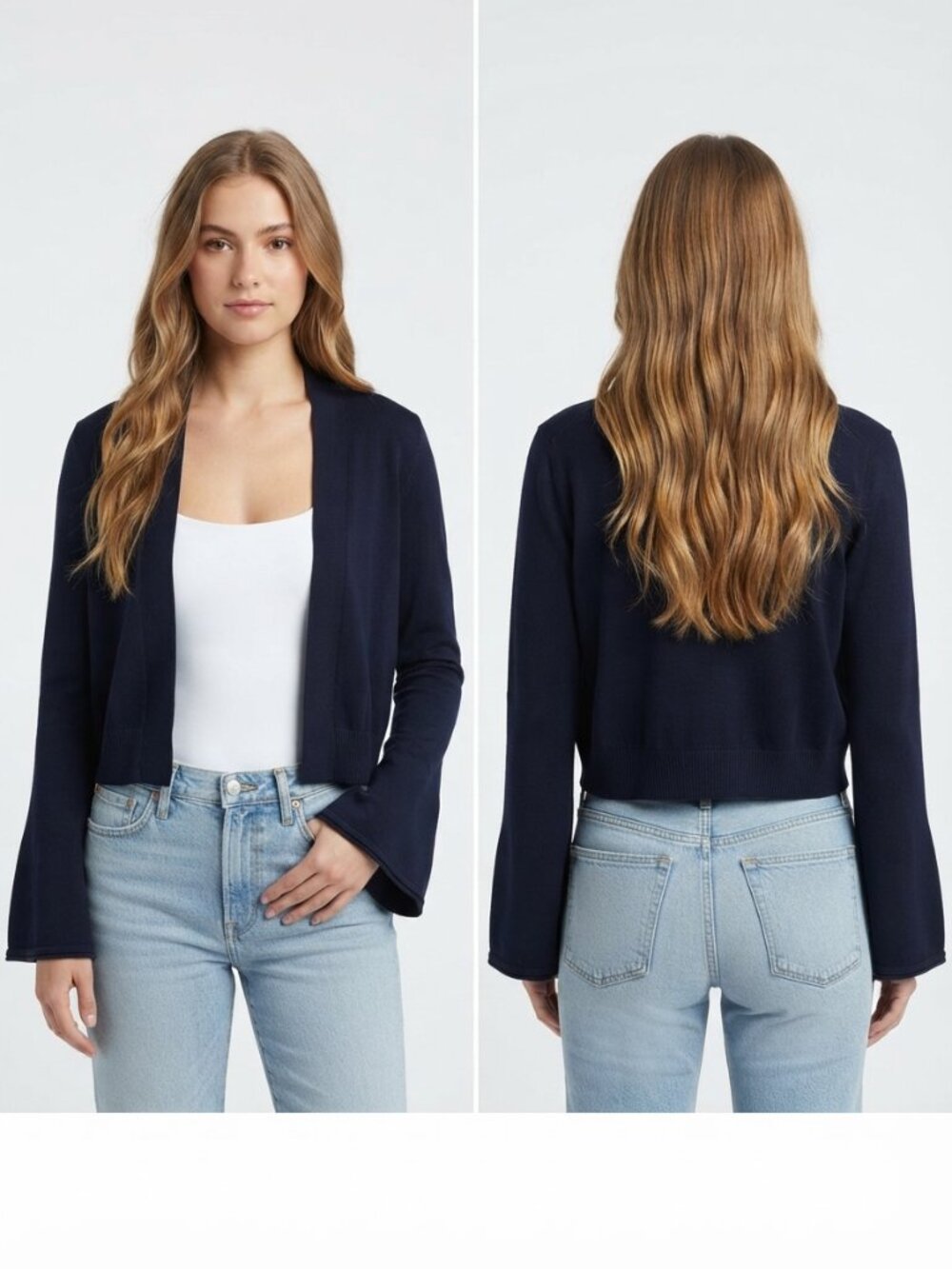 99 Jane Street Blue Cropped Cardigan Sweater Size Medium Bell Sleeve Open Front